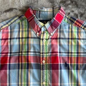 Ralph Lauren Cotton Oxford Shirt Classic Blue Red Green Plaid Youth XL 18-20